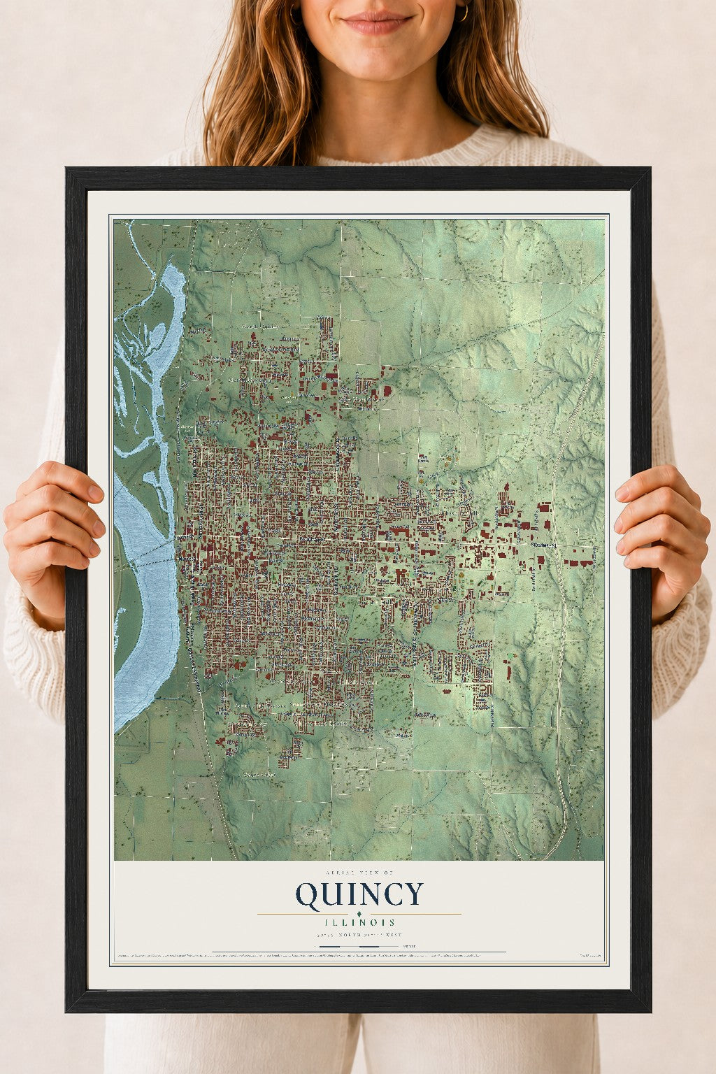 Map of Quincy, Illinois, 18 x 24 inch print in a black wood frame