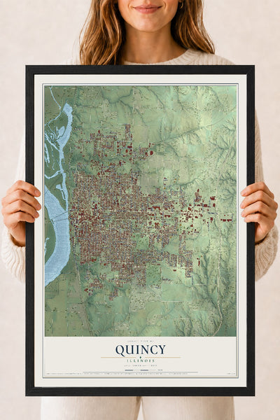 Map of Quincy, Illinois, 18 x 24 inch print in a black wood frame