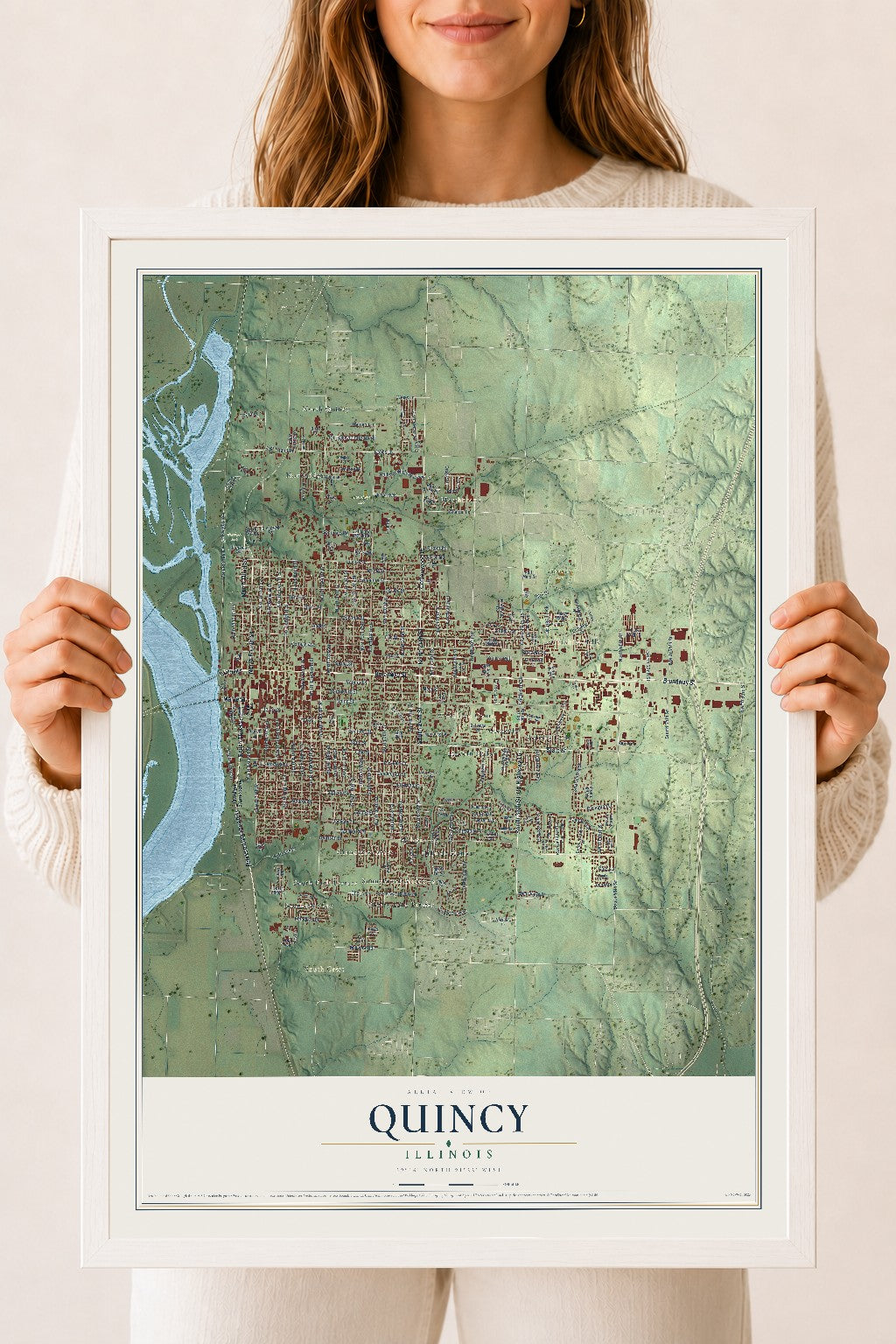 Map of Quincy, Illinois, 18 x 24 inch print in a white wood frame