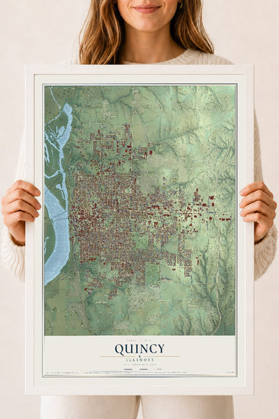 Map of Quincy, Illinois, 18 x 24 inch print in a white wood frame