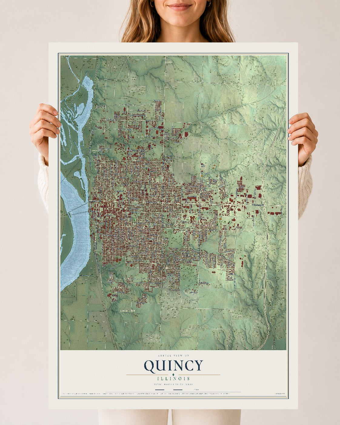 Map of Quincy, Illinois, 24 x 36 inch unframed archival matte print