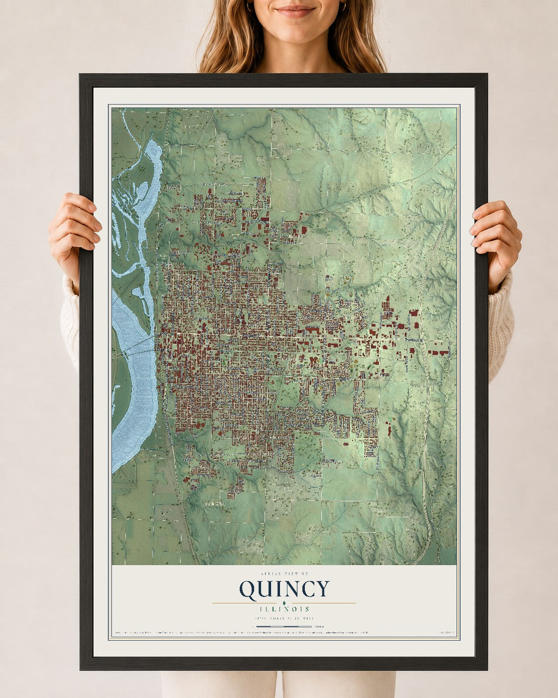 Map of Quincy, Illinois, 24 x 36 inch print in a black wood frame