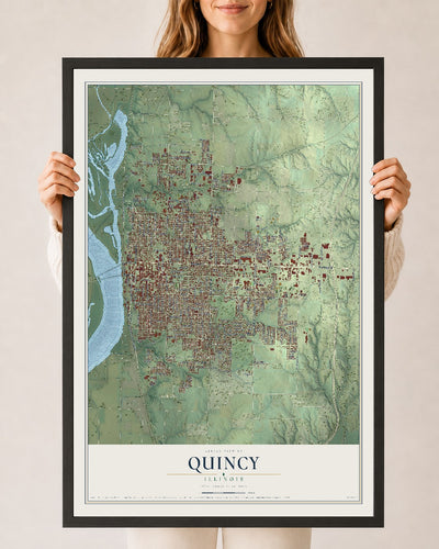 Map of Quincy, Illinois, 24 x 36 inch print in a black wood frame