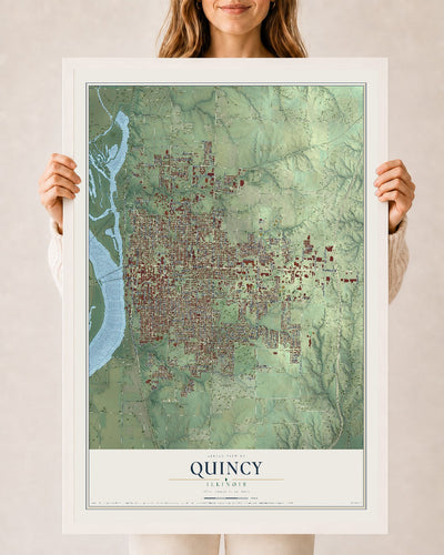 Map of Quincy, Illinois, 24 x 36 inch print in a white wood frame