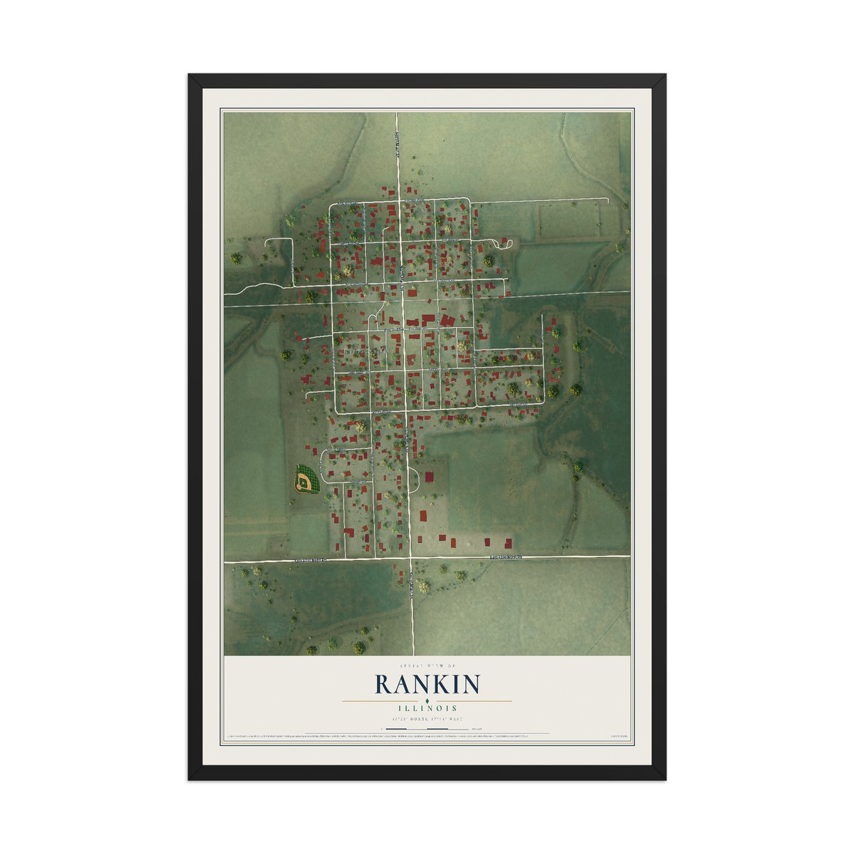Map of Rankin, Illinois, 12 x 18 inch print in a black wood frame