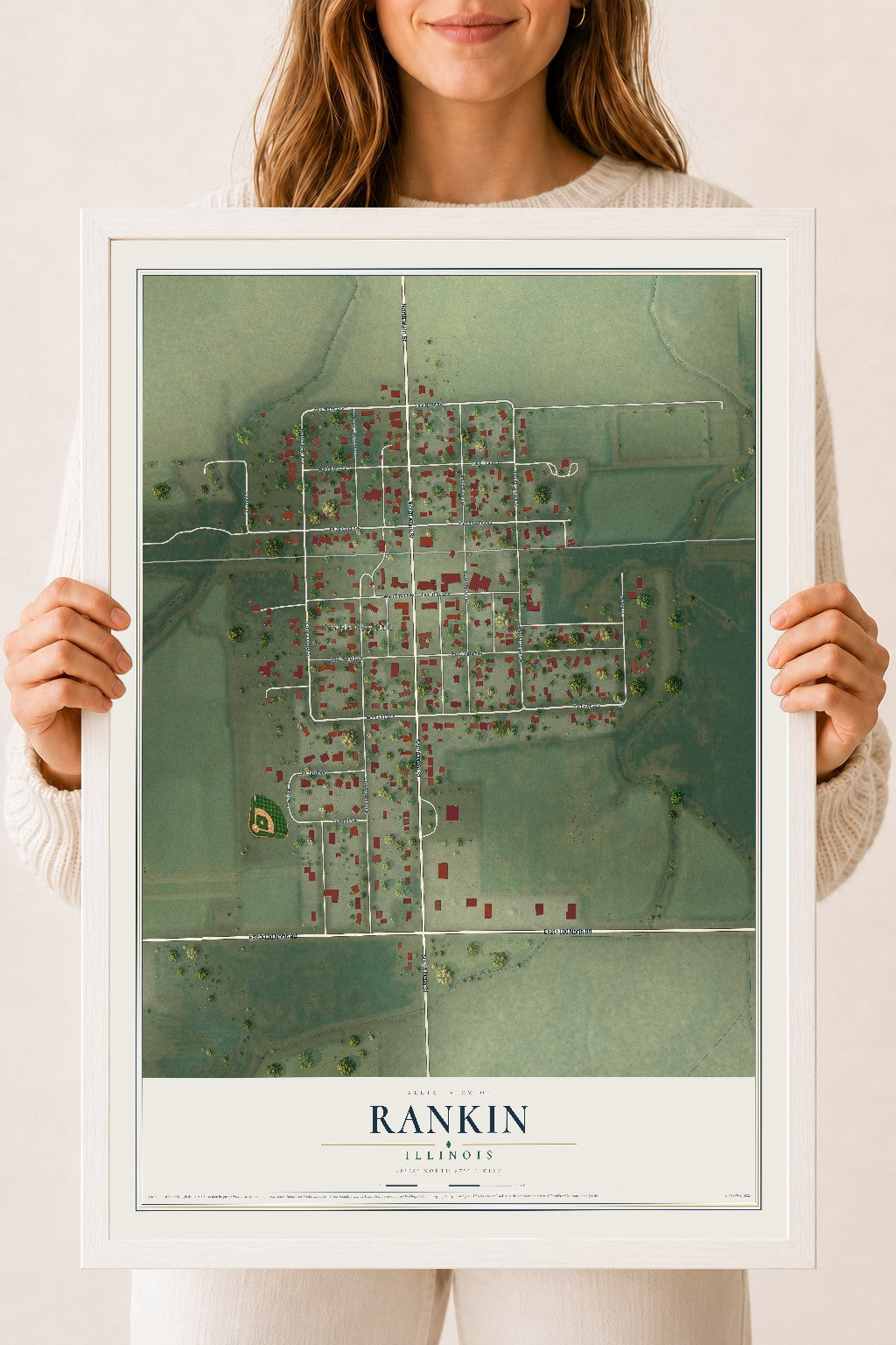 Map of Rankin, Illinois, 18 x 24 inch print in a white wood frame