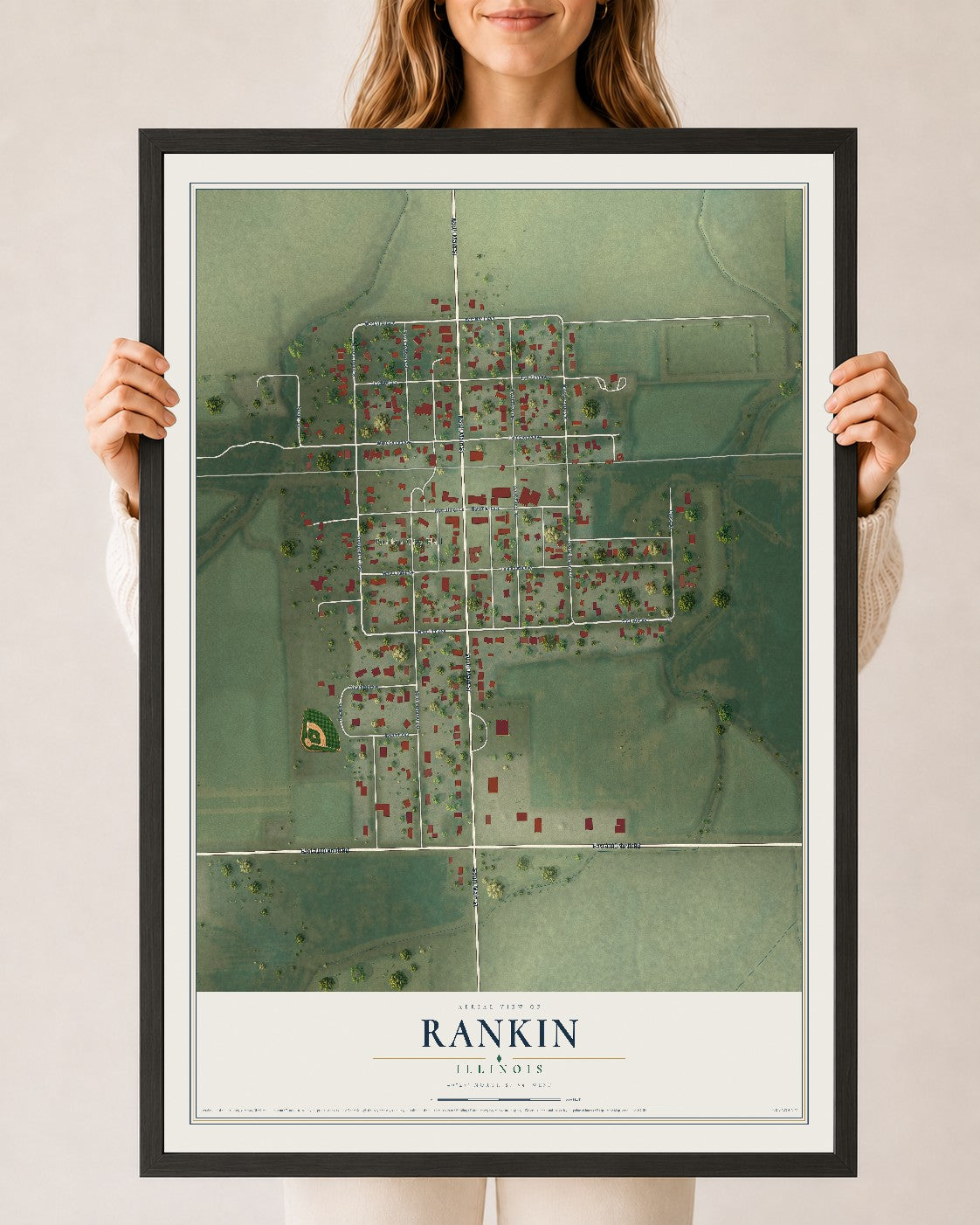Map of Rankin, Illinois, 24 x 36 inch print in a black wood frame