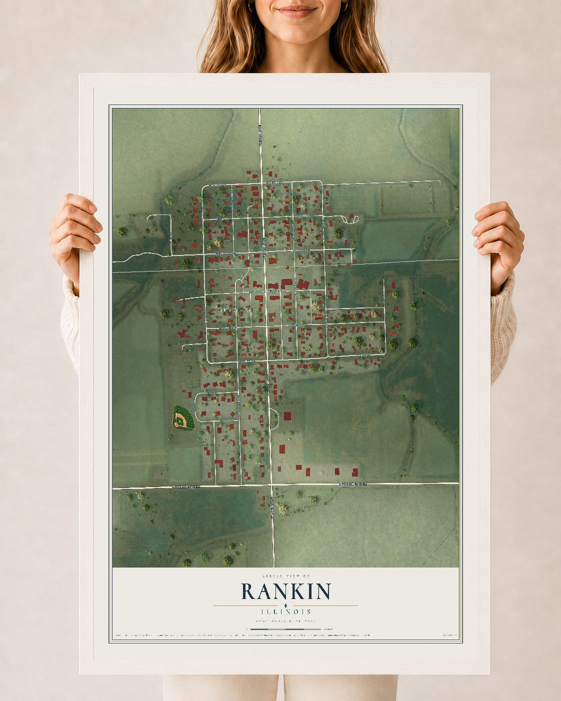 Map of Rankin, Illinois, 24 x 36 inch print in a white wood frame