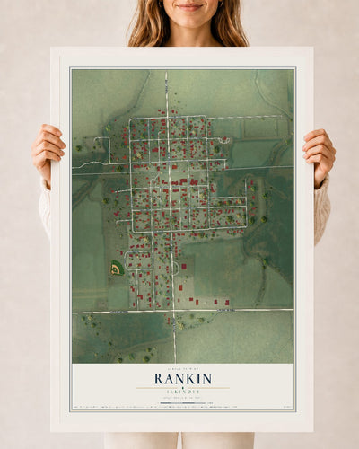 Map of Rankin, Illinois, 24 x 36 inch print in a white wood frame