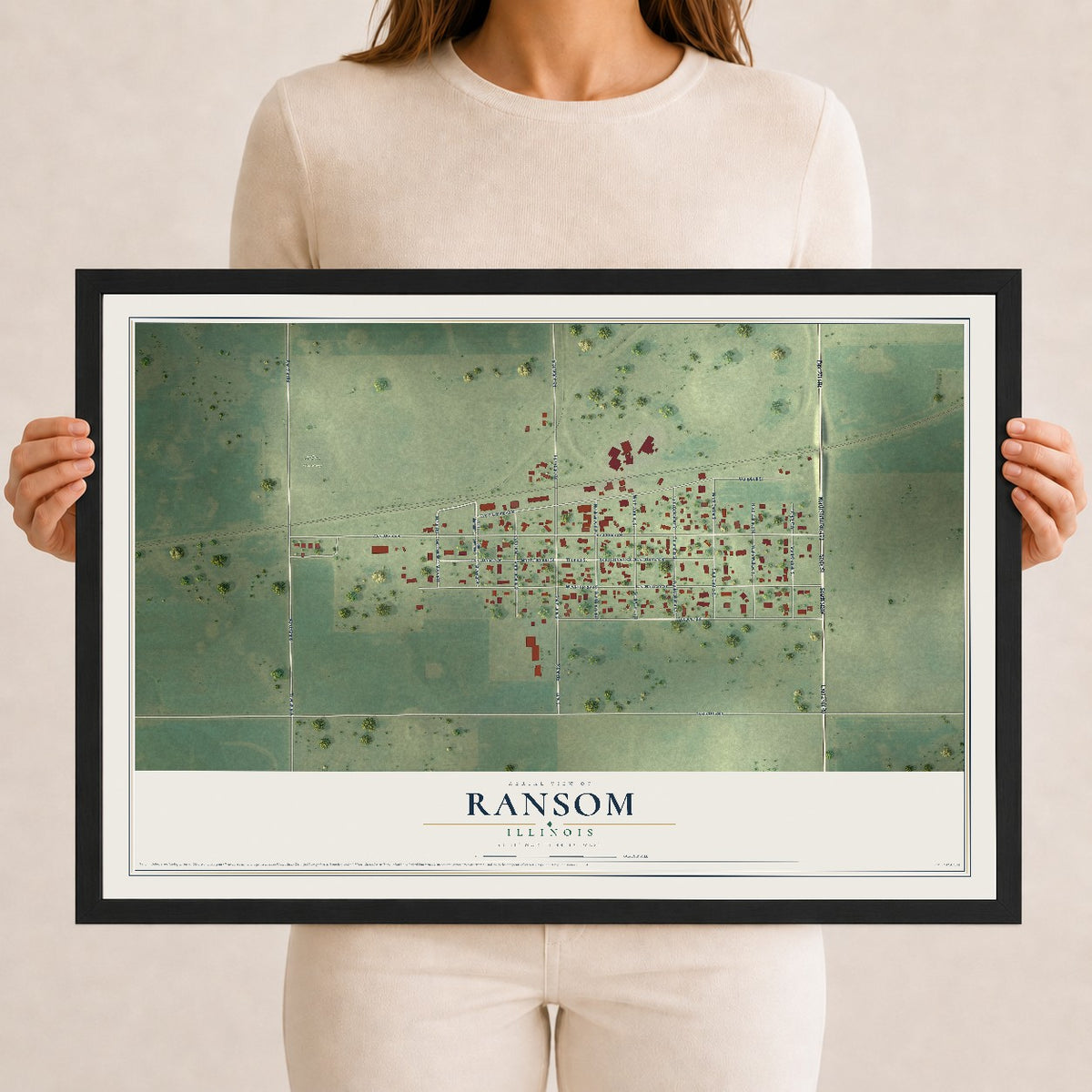 Map of Ransom, Illinois, 12 x 18 inch print in a black wood frame