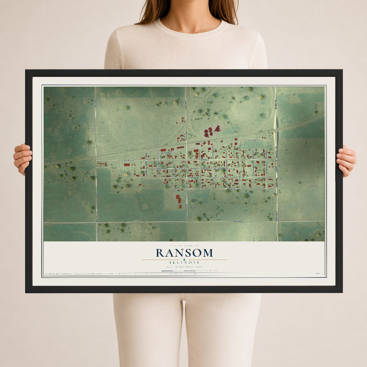 Map of Ransom, Illinois, 24 x 36 inch print in a black wood frame