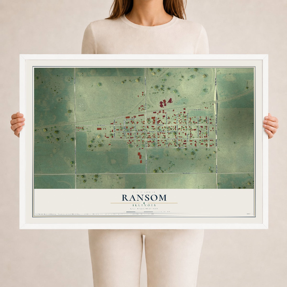 Map of Ransom, Illinois, 24 x 36 inch print in a white wood frame