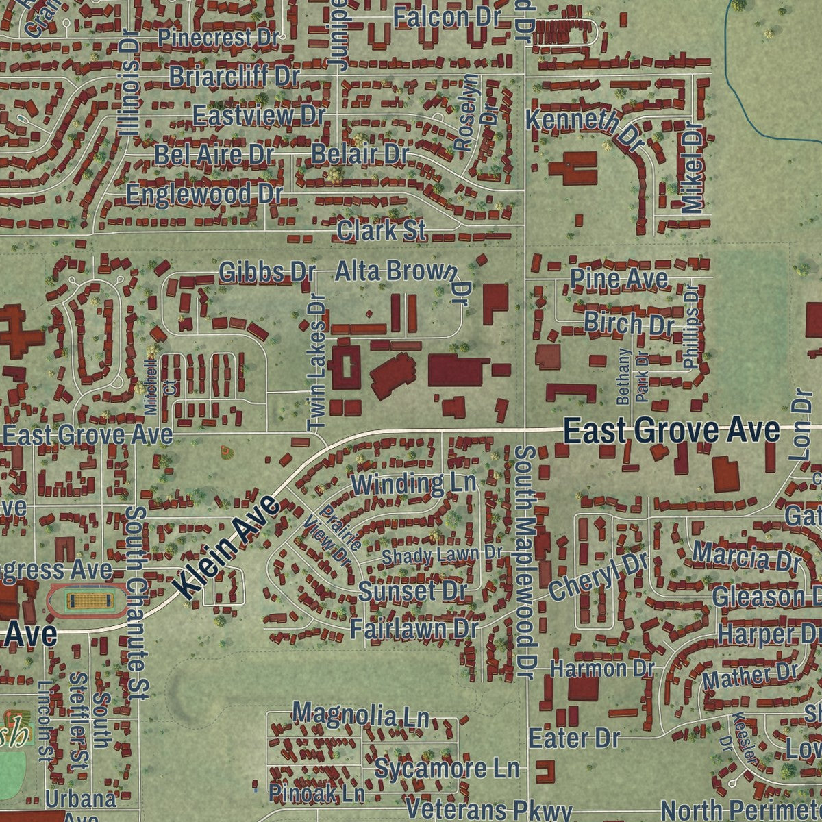 Close-up of the map of Rantoul, Illinois print showing street and building detail