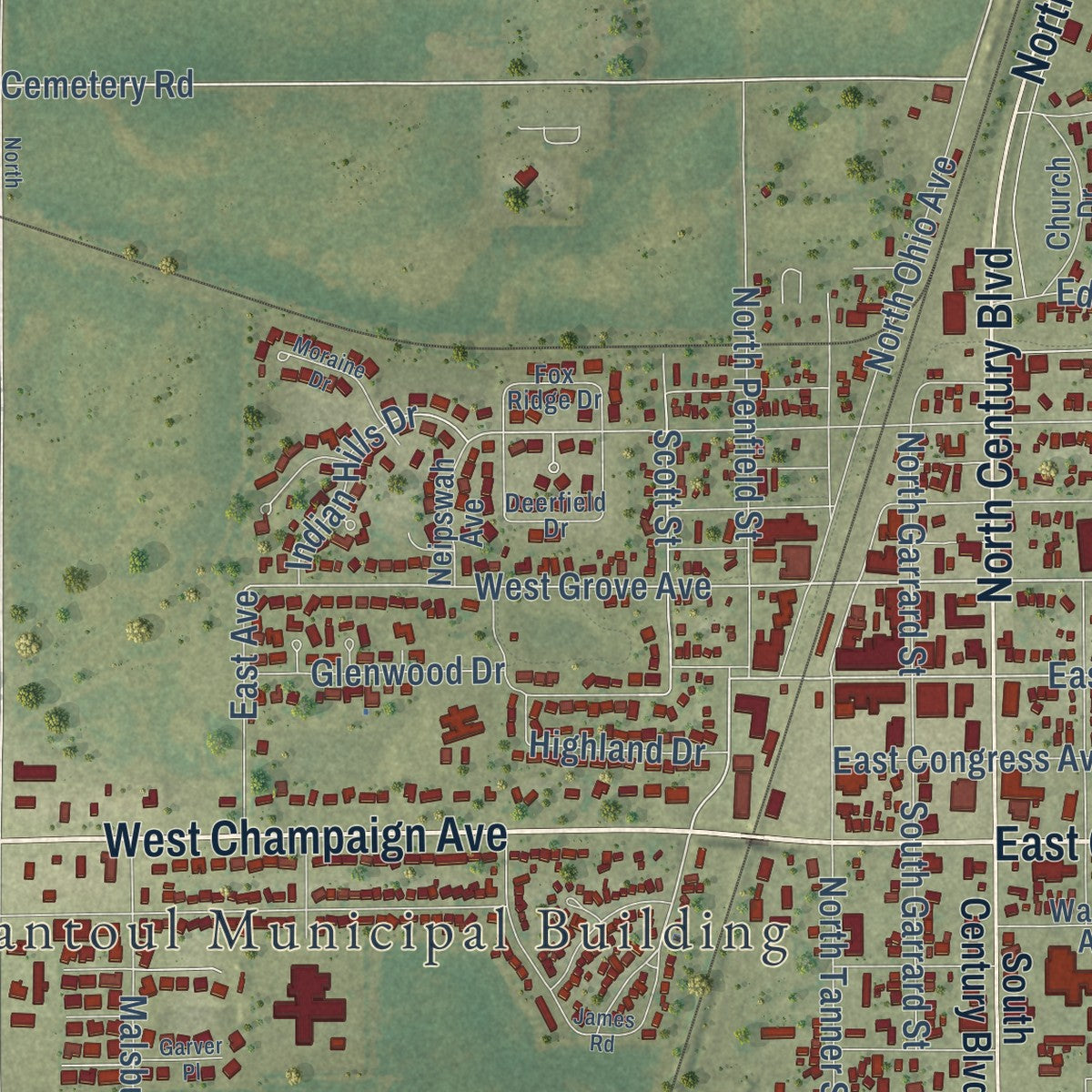 Second close-up of the map of Rantoul, Illinois print showing more streets and buildings