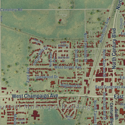 Second close-up of the map of Rantoul, Illinois print showing more streets and buildings
