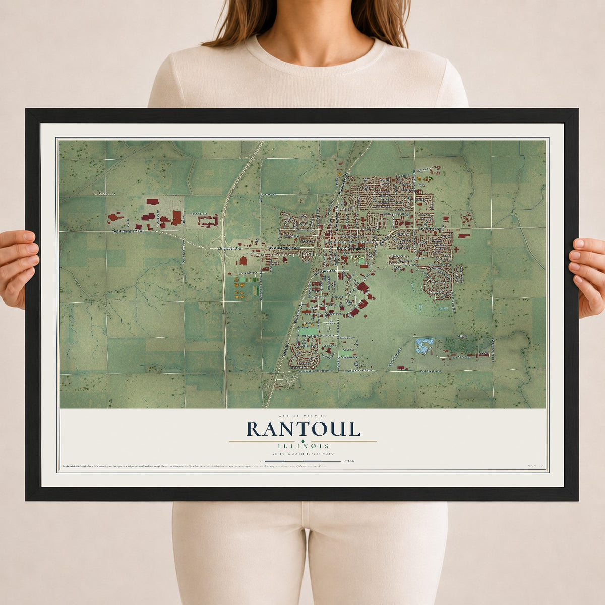 Map of Rantoul, Illinois, 18 x 24 inch print in a black wood frame