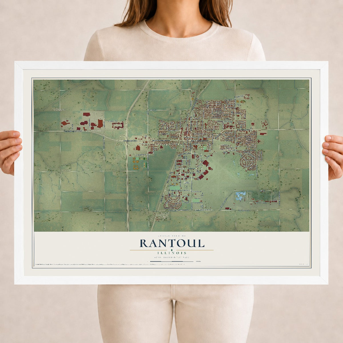 Map of Rantoul, Illinois, 18 x 24 inch print in a white wood frame