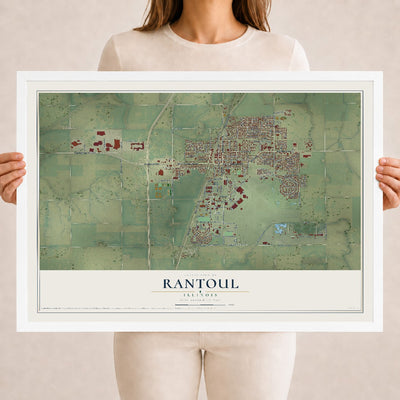Map of Rantoul, Illinois, 18 x 24 inch print in a white wood frame