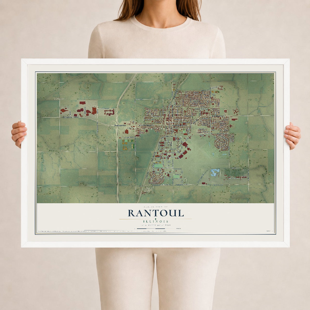 Map of Rantoul, Illinois, 24 x 36 inch print in a white wood frame