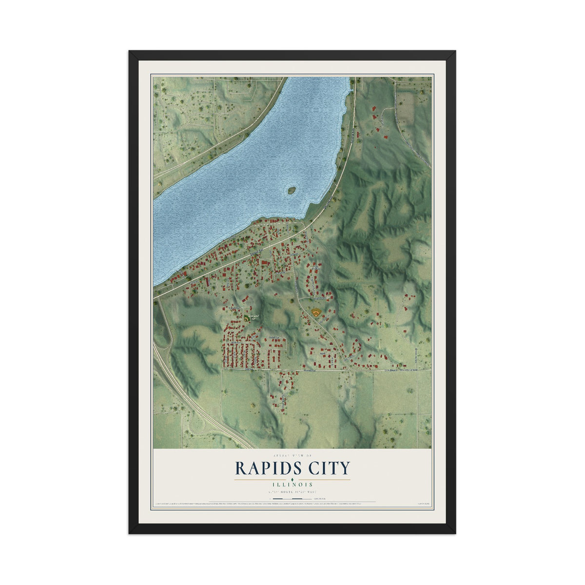 Map of Rapids City, Illinois, 12 x 18 inch print in a black wood frame