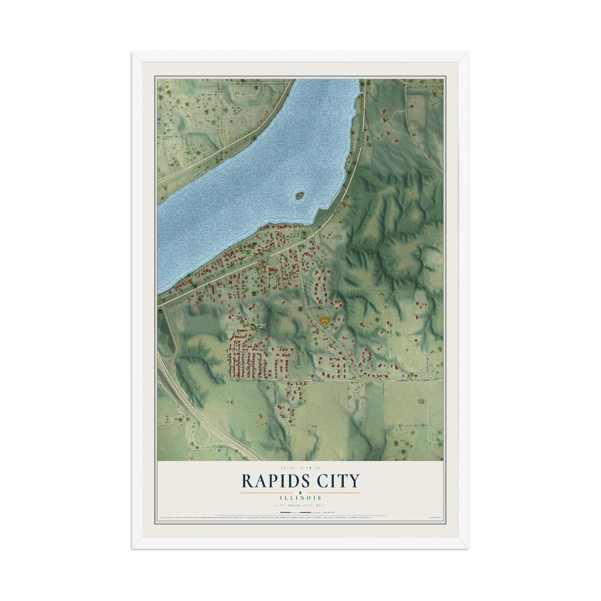Map of Rapids City, Illinois, 12 x 18 inch print in a white wood frame