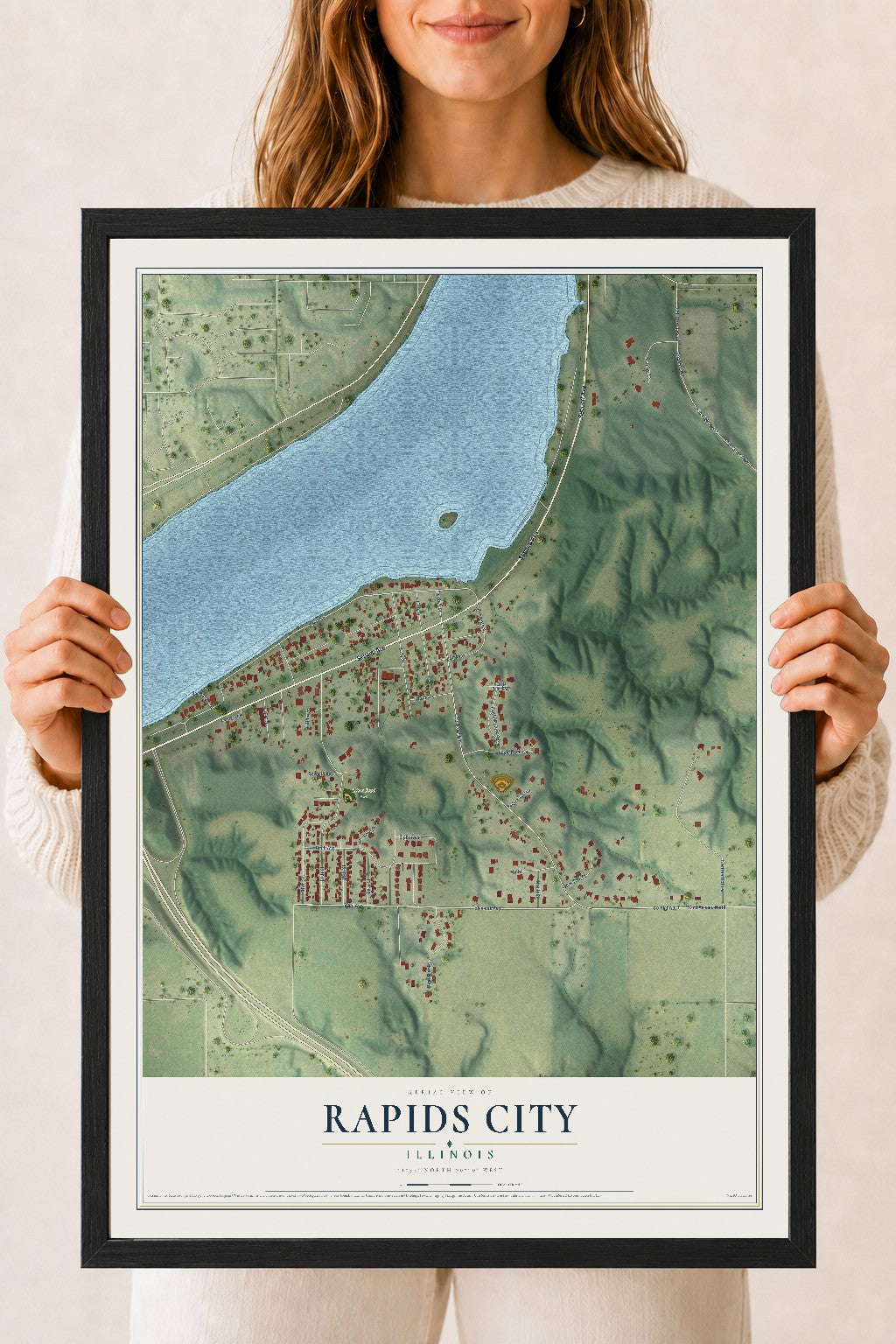 Map of Rapids City, Illinois, 18 x 24 inch print in a black wood frame