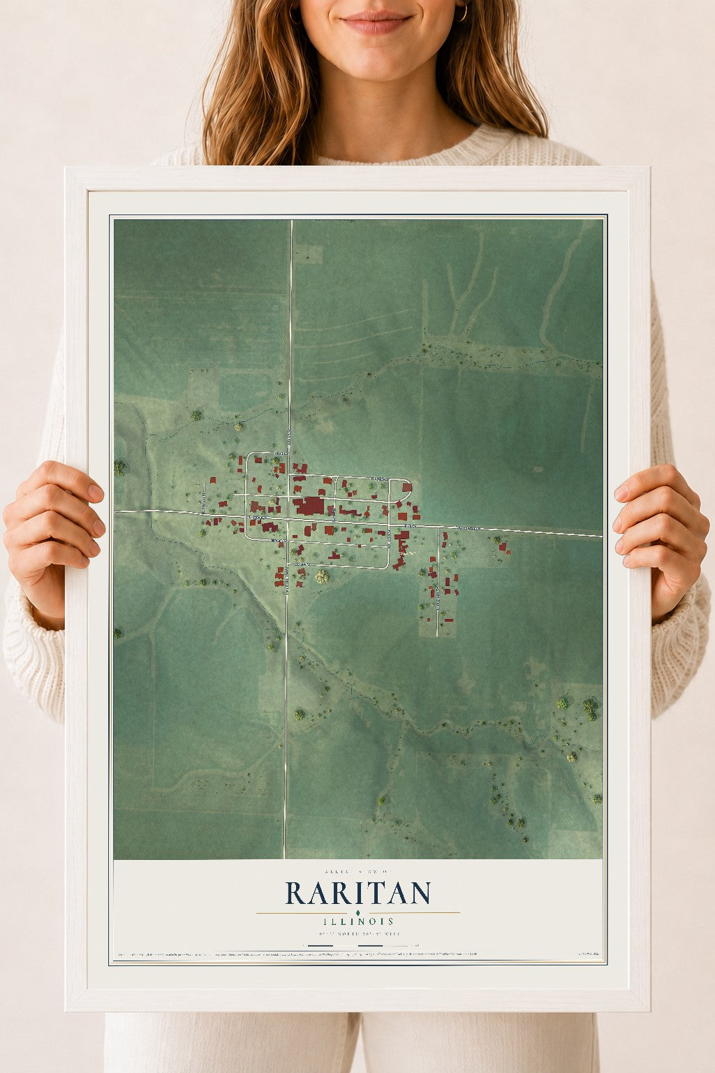 Map of Raritan, Illinois, 18 x 24 inch print in a white wood frame