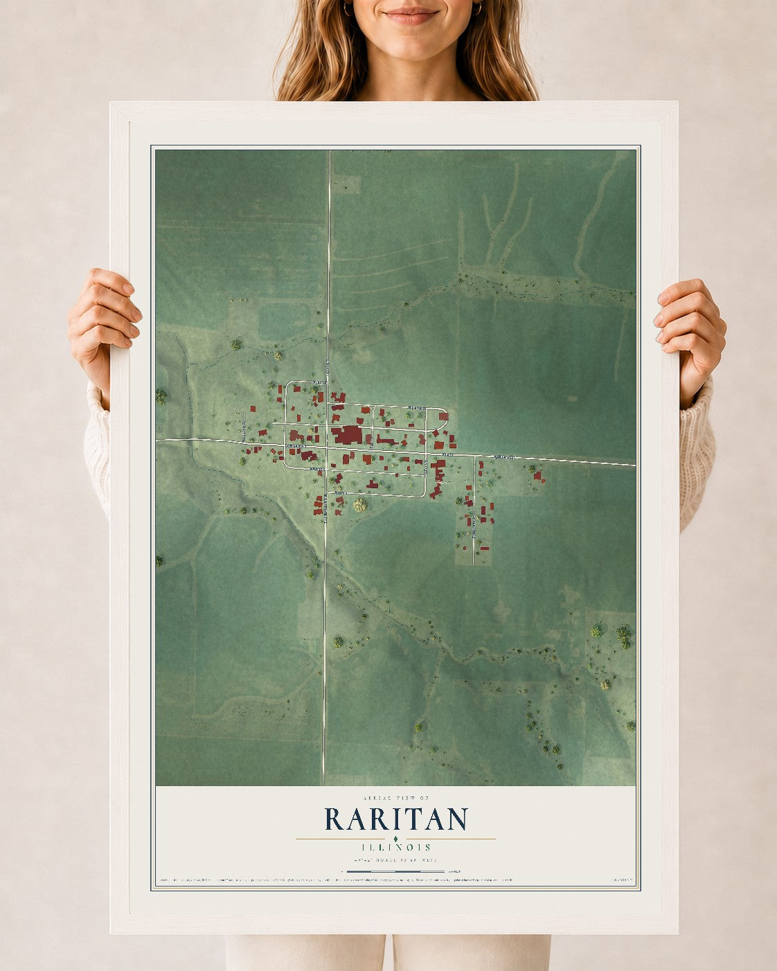 Map of Raritan, Illinois, 24 x 36 inch print in a white wood frame