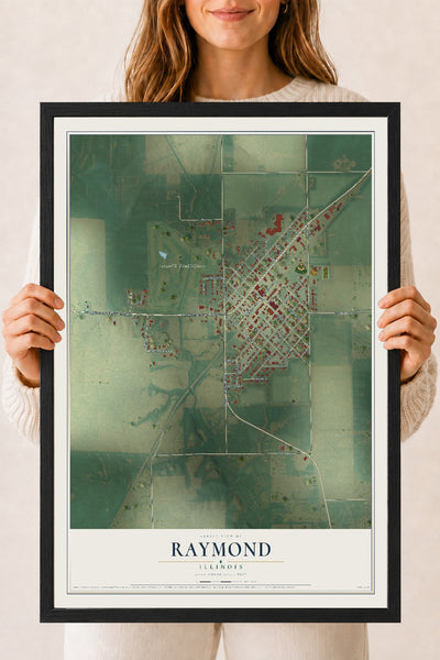 Map of Raymond, Illinois, 18 x 24 inch print in a black wood frame