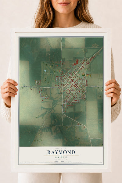 Map of Raymond, Illinois, 18 x 24 inch print in a white wood frame
