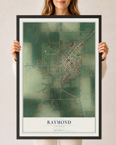 Map of Raymond, Illinois, 24 x 36 inch print in a black wood frame