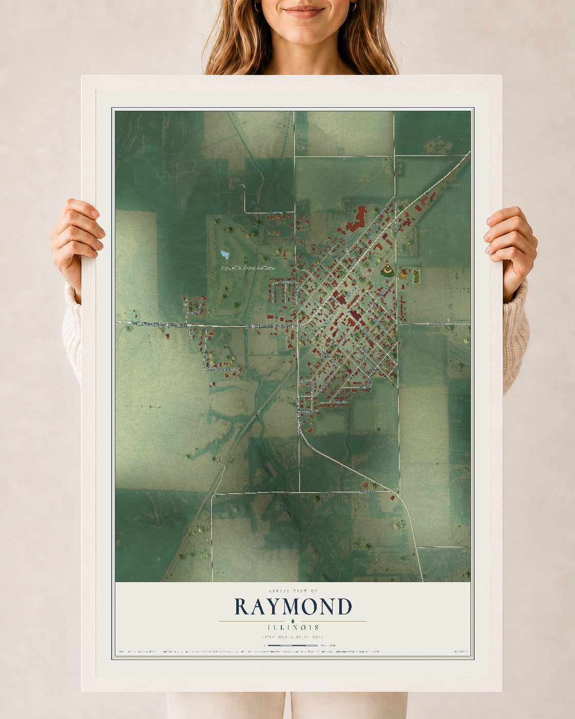 Map of Raymond, Illinois, 24 x 36 inch print in a white wood frame