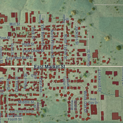 Close-up of the map of Red Bud, Illinois print showing street and building detail