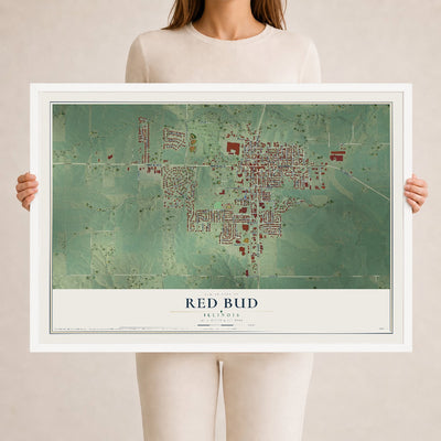 Map of Red Bud, Illinois, 24 x 36 inch print in a white wood frame