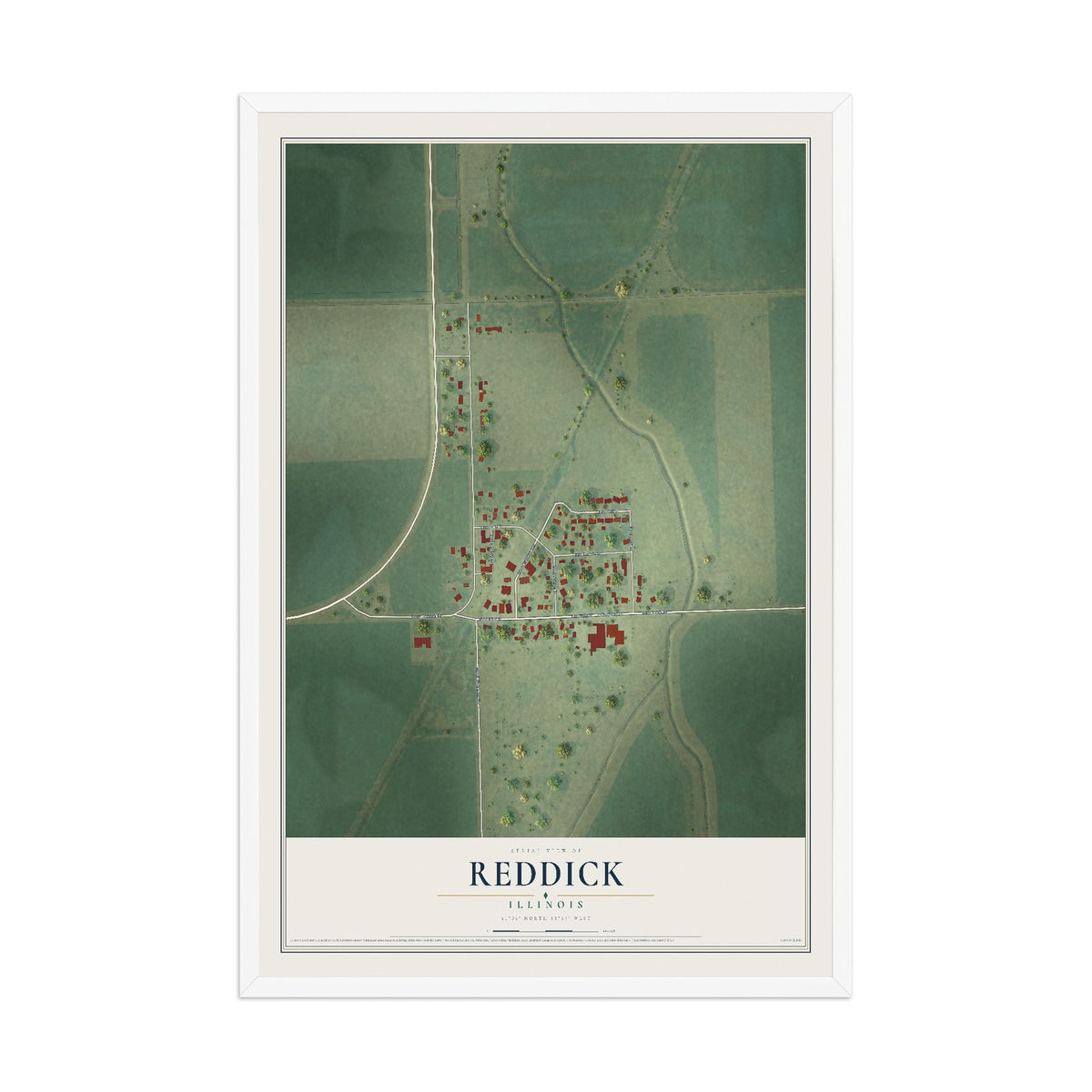 Map of Reddick, Illinois, 12 x 18 inch print in a white wood frame