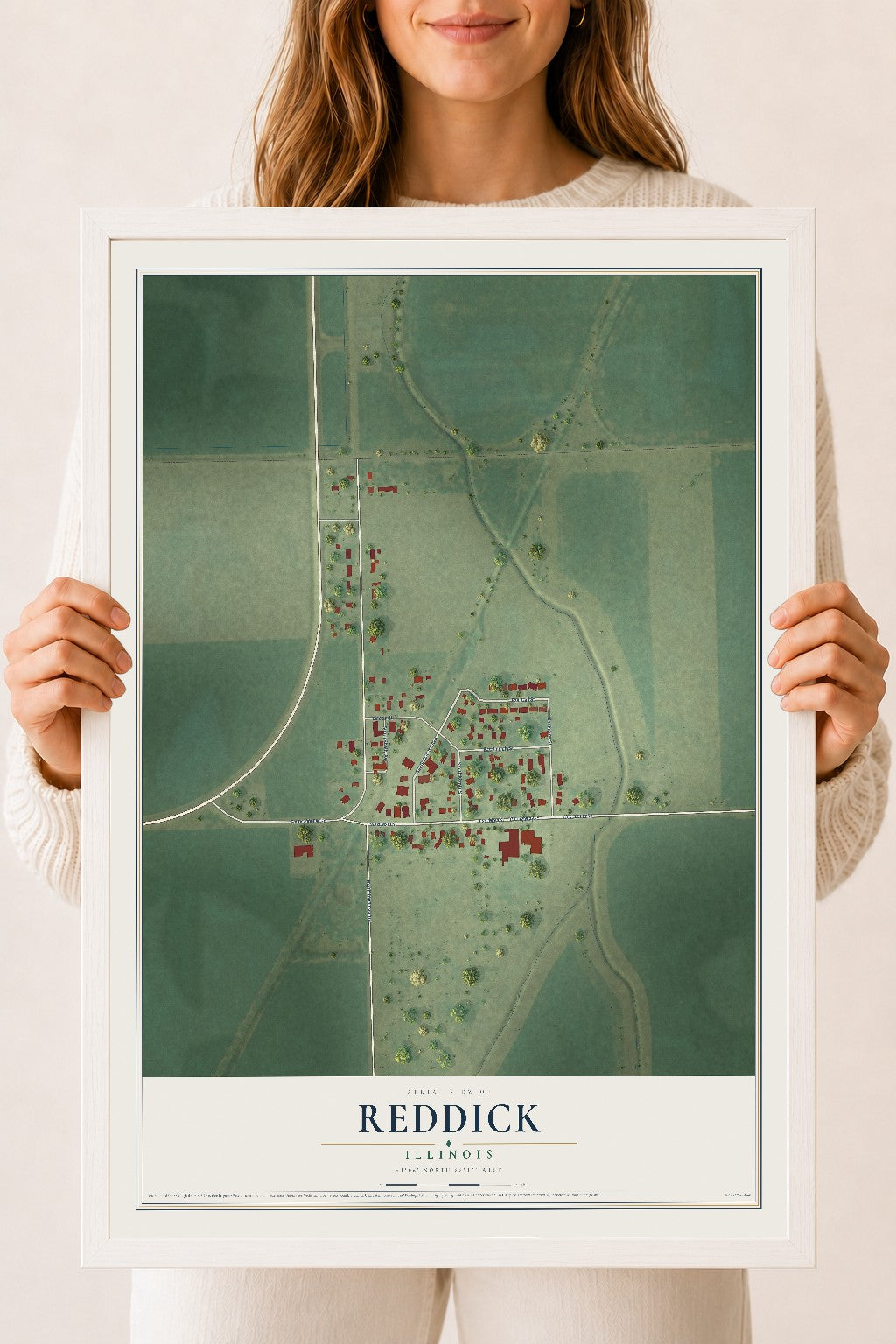 Map of Reddick, Illinois, 18 x 24 inch print in a white wood frame