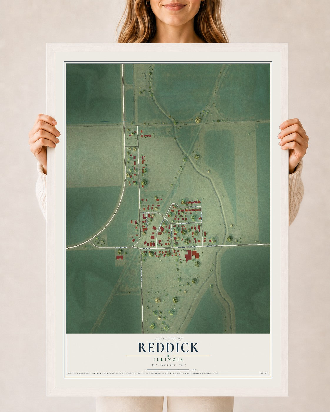 Map of Reddick, Illinois, 24 x 36 inch print in a white wood frame