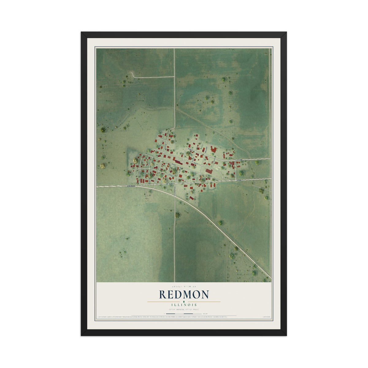 Map of Redmon, Illinois, 12 x 18 inch print in a black wood frame