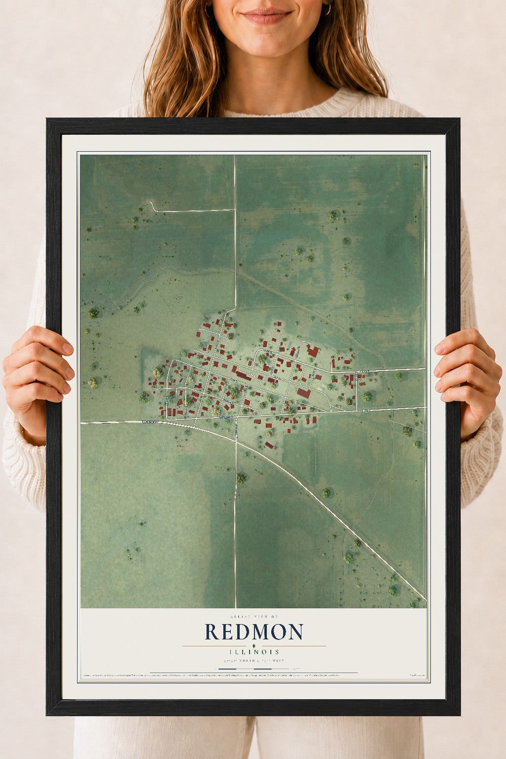 Map of Redmon, Illinois, 18 x 24 inch print in a black wood frame