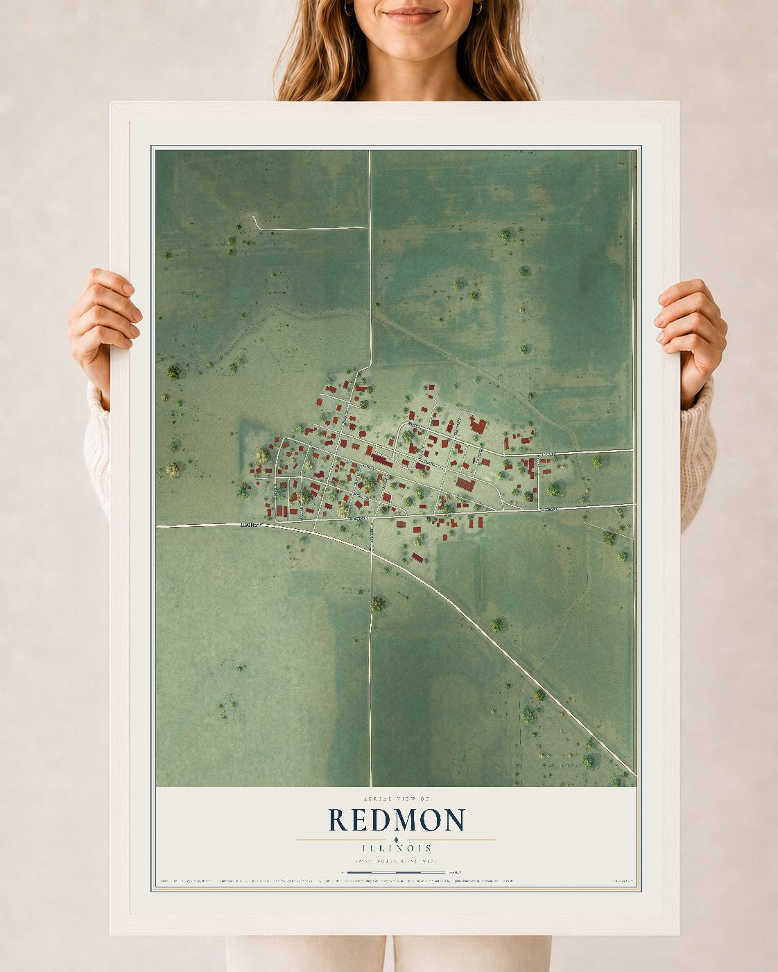 Map of Redmon, Illinois, 24 x 36 inch print in a white wood frame