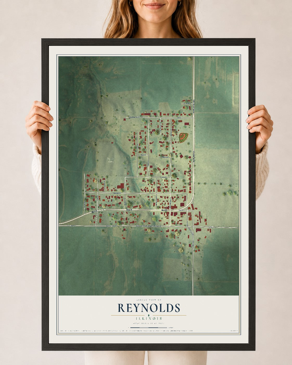 Map of Reynolds, Illinois, 24 x 36 inch print in a black wood frame