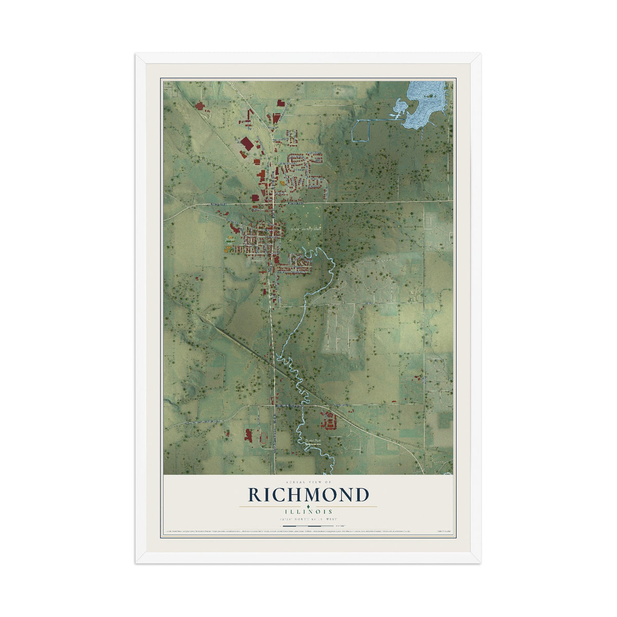 Map of Richmond, Illinois, 12 x 18 inch print in a white wood frame