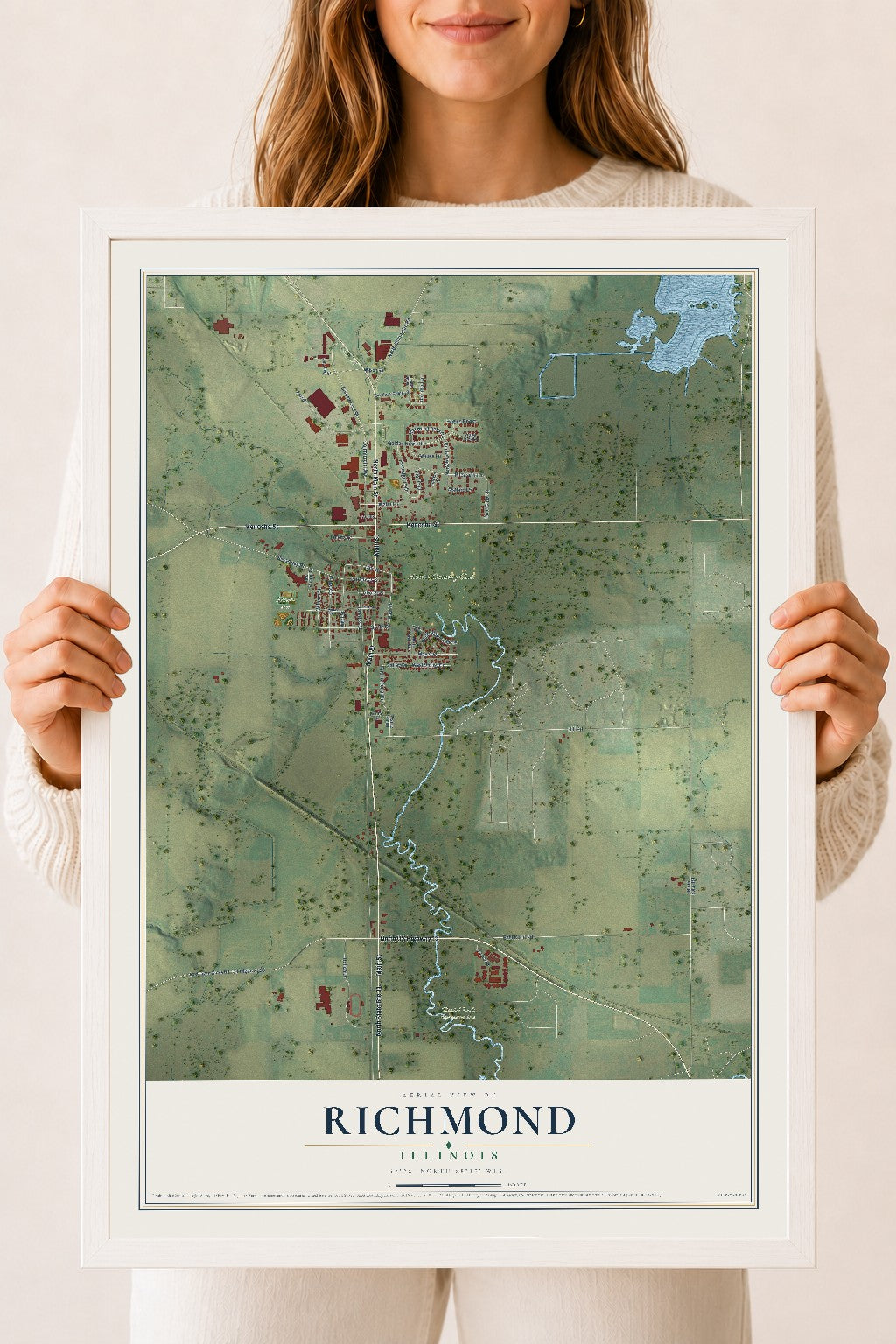 Map of Richmond, Illinois, 18 x 24 inch print in a white wood frame