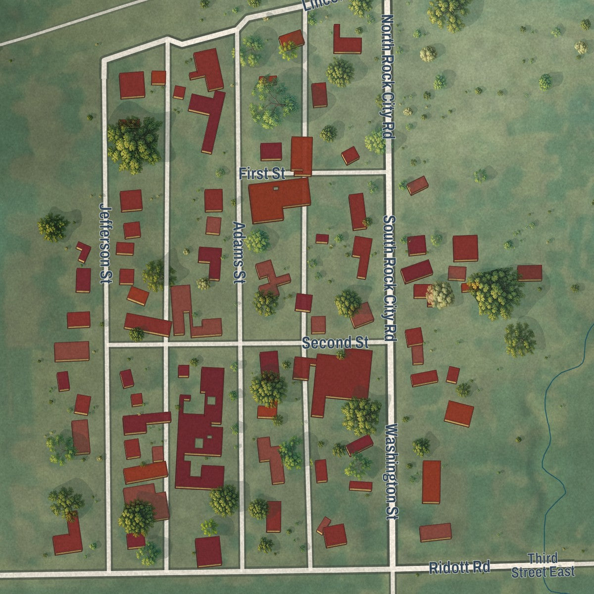 Close-up of the map of Ridott, Illinois print showing street and building detail