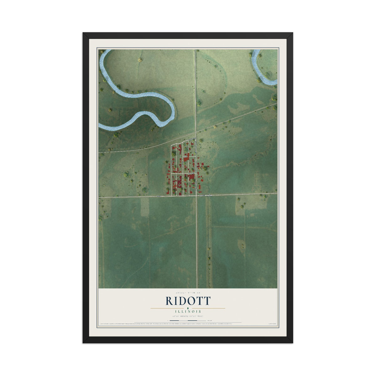 Map of Ridott, Illinois, 12 x 18 inch print in a black wood frame