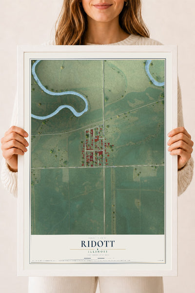 Map of Ridott, Illinois, 18 x 24 inch print in a white wood frame