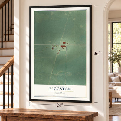 Riggston, Illinois map, 24 x 36 inch print in a black frame by a staircase