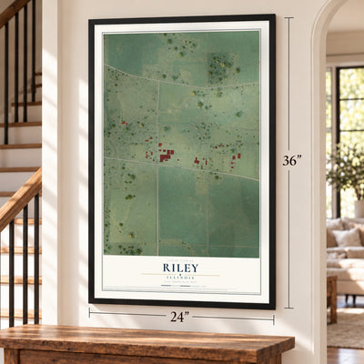 Riley, Illinois map, 24 x 36 inch print in a black frame by a staircase