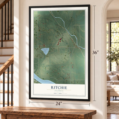 Ritchie, Illinois map, 24 x 36 inch print in a black frame by a staircase