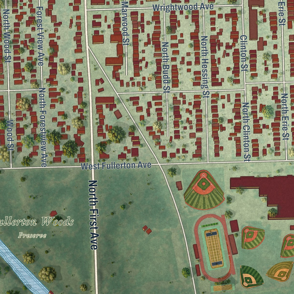 Second close-up of the map of River Grove, Illinois print showing more streets and buildings